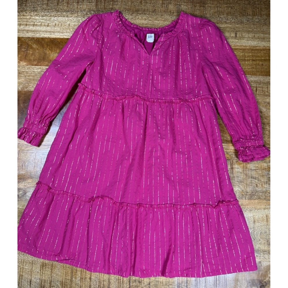 Gap Kids Girls M 7/8 Pink Metallic Stripe Tiered Dress Long Sleeve